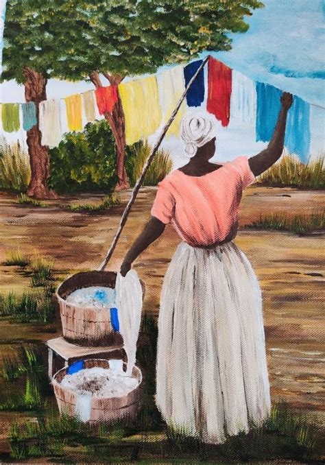 fake painting of black woman washing clothes in barrel|washerwoman paintings.